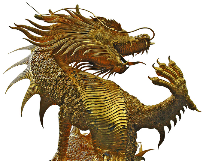 Golden Dragon Sculpture on White Background